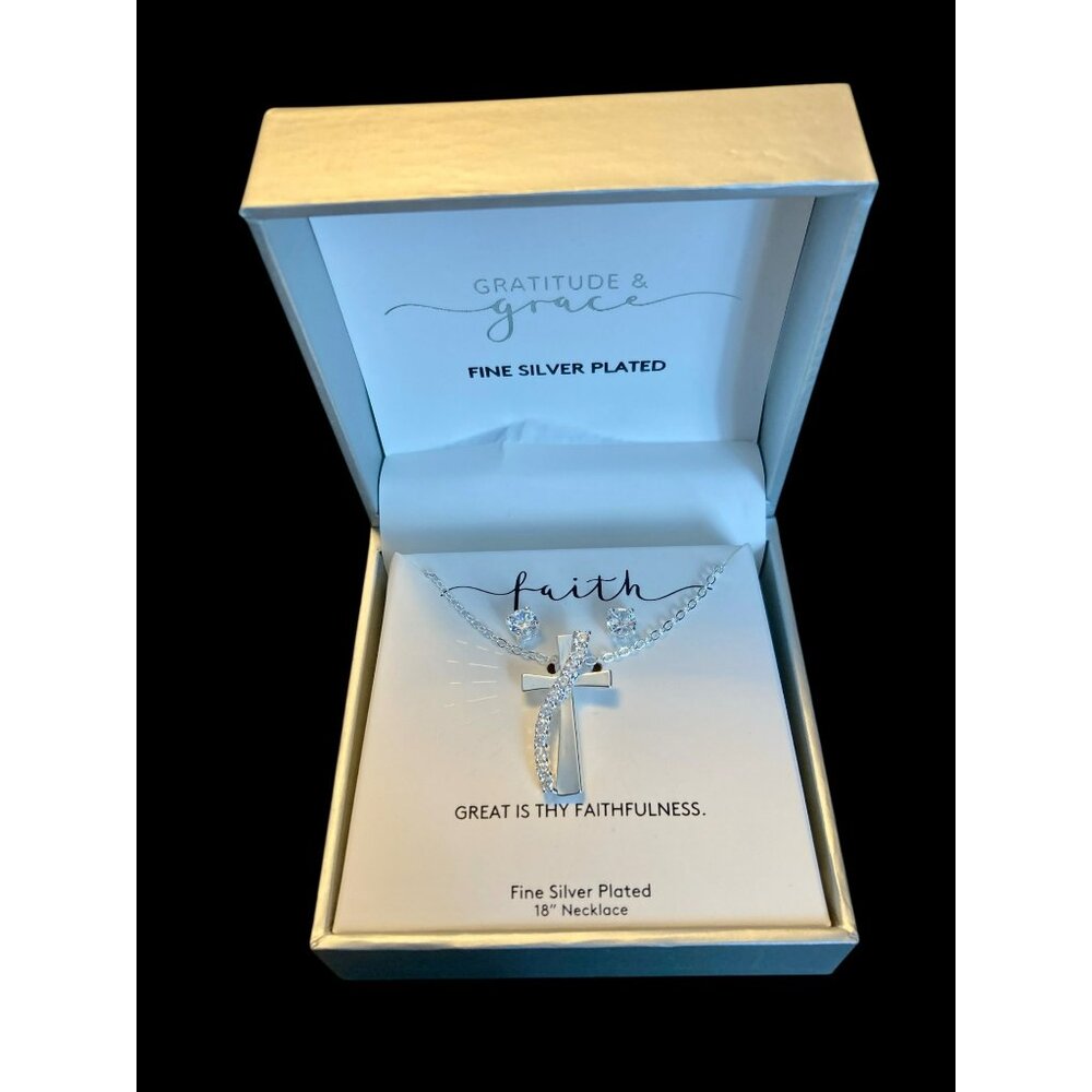 Gratitude & Grace Silver Plated Cross Necklace & Earrings Set -122